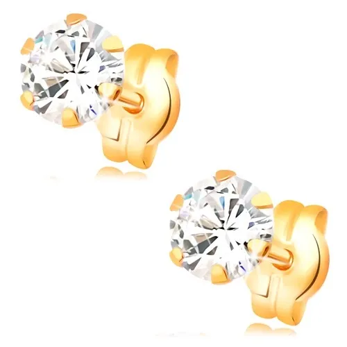 Náušnice v žltom 14K zlate - okrúhly zirkón čírej farby, puzetky, 5 mm