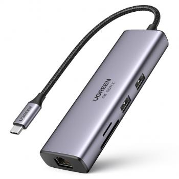 Ugreen CM512 HUB adaptér USB-C - 2x USB 3.2 / HDMI 4K / SD TF / USB-C PD 100W / RJ45, šedý (60515 CM512)