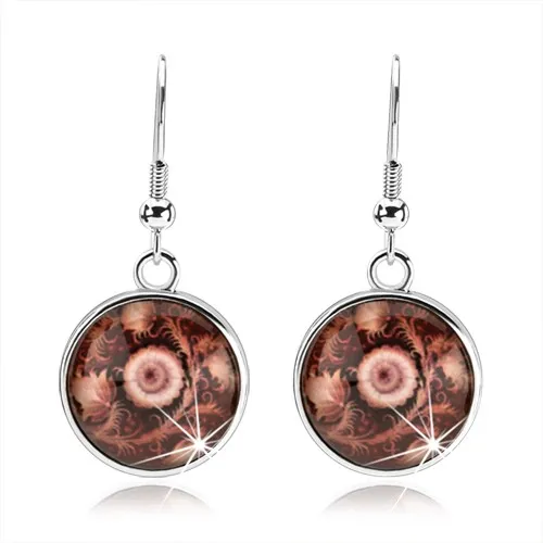 Okrúhle náušnice, vypuklá glazúra, hnedo-biele kvety, stonka s výčnelkami