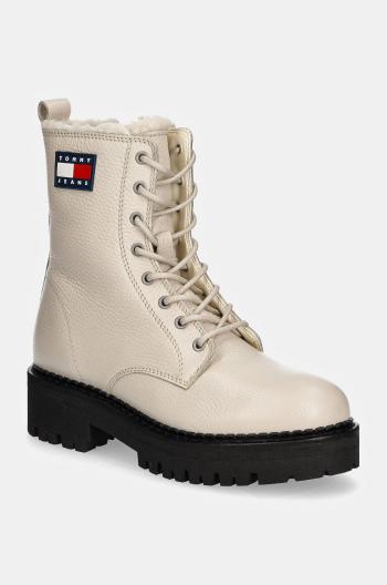 Kožené workery Tommy Jeans TJW URBAN BOOT TUMBLED LTR WL dámske, béžová farba, na plochom podpätku, zateplené, EN0EN02317