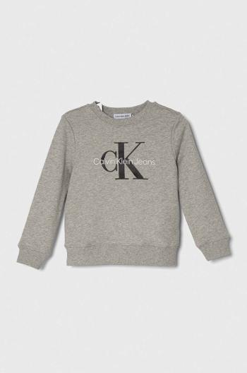 Detská bavlnená mikina Calvin Klein Jeans šedá farba, s potlačou