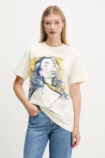 Bavlnené tričko Desigual PORTRAIT dámske, béžová farba, 25WWTK05
