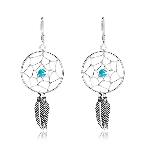 Visiace náušnice zo striebra 925, svetlomodrá korálka, lapač snov, 20 mm