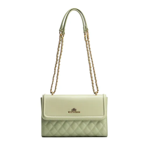 Dámska kabelka cez rameno z pravej kože so zeleným prešívaním 100-4E-205-Z