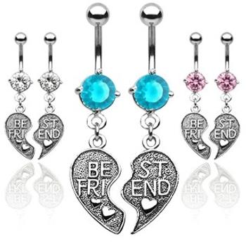 Dvojitý piercing do pupku - prepolené srdce BEST FRIEND - Farba piercing: Číra