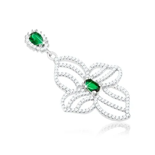 Strieborný prívesok 925, obrys nesúmerného kvetu, číre a zelené zirkóniky