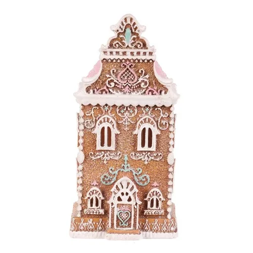 Vianočná dekorácia Perníková vežička s ružovou strechou, polyresin, LED, hnedá