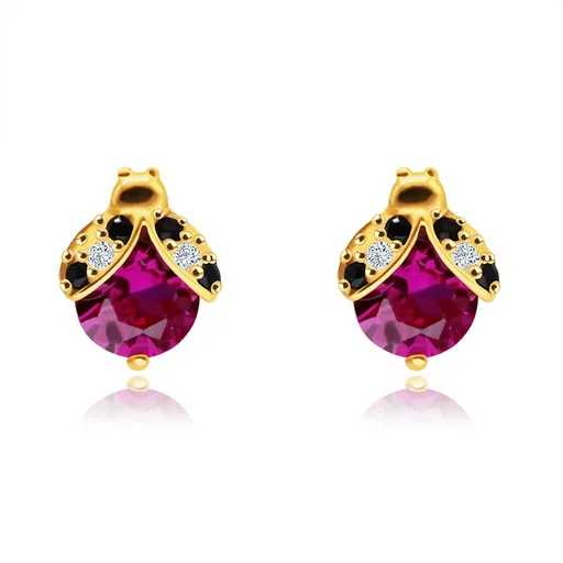 Náušnice zo žltého 585 zlata - motív lienky, okrúhly rubín, číre a čierne zirkóniky