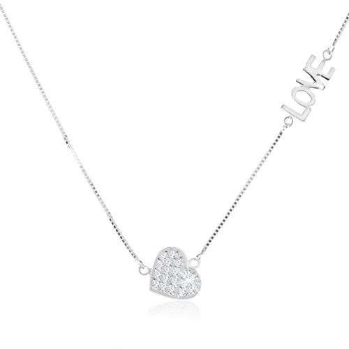 Náhrdelník zo striebra 925, číre zirkónové srdiečko, lesklý nápis "LOVE"