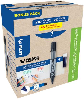 Marker PILOT V-Board Master fehér táblához Greenpack, fekete - 10 darab + 10x utántöltő, fekete
