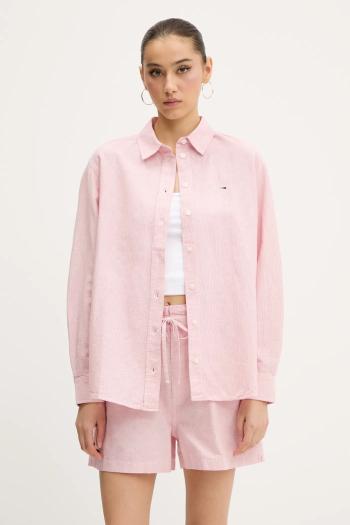Košeľa s prímesou ľanu Tommy Jeans ružová farba, regular, s klasickým golierom, DW0DW20292
