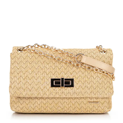 Dámska crossbody z pleteniny s retiazkou béžovo-zlatá