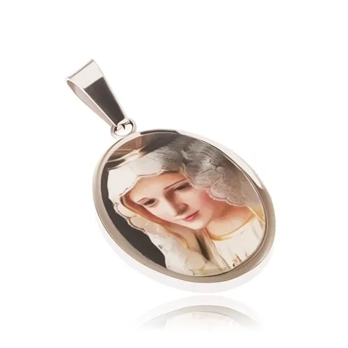 Oválny oceľový medailón, obrázok Madony zaliaty glazúrou