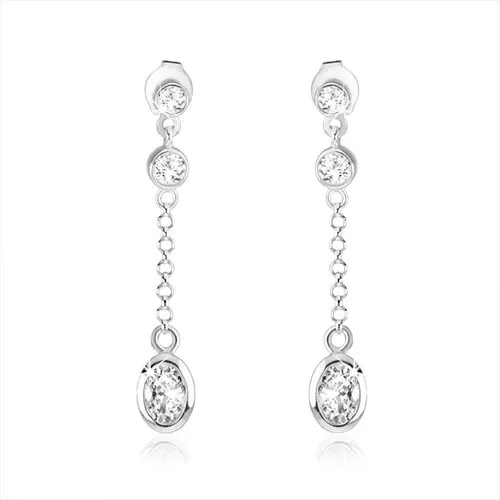 Puzetové náušnice, striebro 925, okrúhly a oválny číry zirkón, retiazka