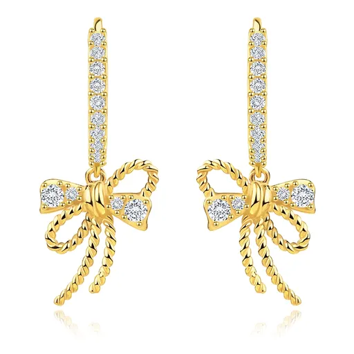 Okrúhle náušnice zo žltého zlata 585 - vrúbkovaná mašľa, číre zirkóny