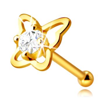 Zlatý piercing do nosa zo 14K zlata - kontúra motýľa s okrúhlym zirkónom čírej farby, 2,25 mm