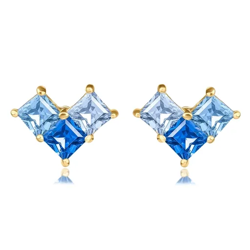 Náušnice v žltom 9K zlate - tvar písmena "V", zirkóny modrej farby, puzety
