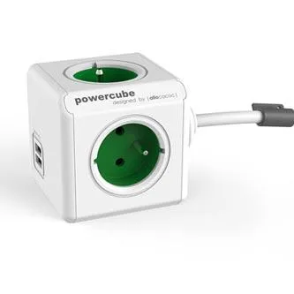 Síťový kabel 230V predlžovací, CEE7 (vidlica) - POWERCUBE, 1.5m, EXTENDED USB, zelený, POWERCUBE, 4 zásuvky, 2xUSB port, detská po