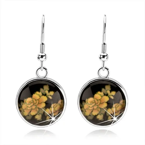 Kabošon náušnice s vypuklou glazúrou, žlté kvietky na čiernom pozadí, afroháčiky