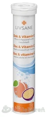LIVSANE Zinok + Vitamín C šumivé tablety, príchuť broskyňa - mučenka 20 tbl