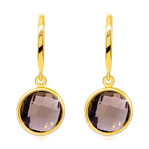 Zlaté 14K náušnice - brúsená záhneda v okrúhlej objímke visiaca na úzkom oblúku