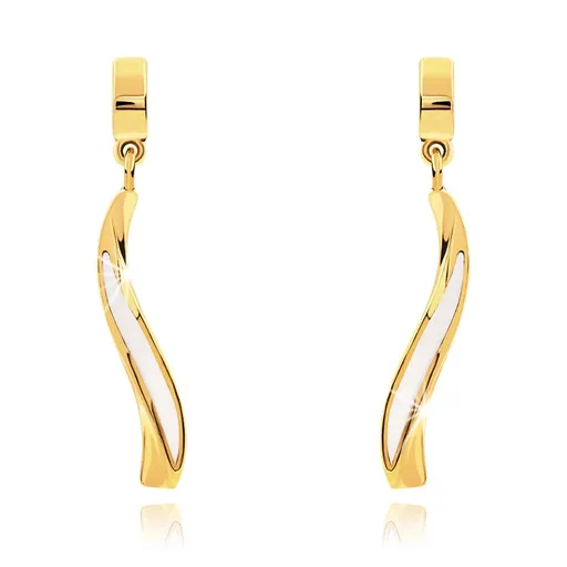Zlaté náušnice 9K vlnky s bielou glazúrou na lesklom oblúku