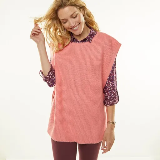 Dlhá vesta z hladkého úpletu s viazačkami na bokoch