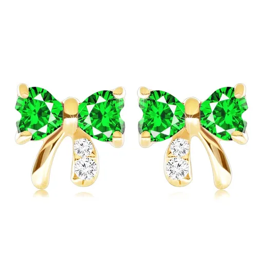 Zlaté náušnice 9K s olivínom v tvare mašle a čírymi zirkónmi