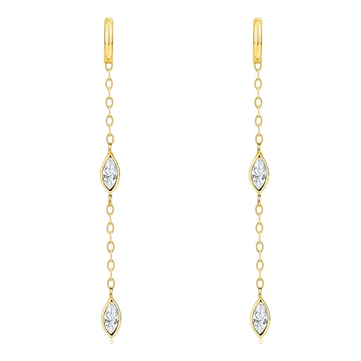 Zlaté náušnice 14K s retiazkou a zirkónmi vybrúsenými do zrnka