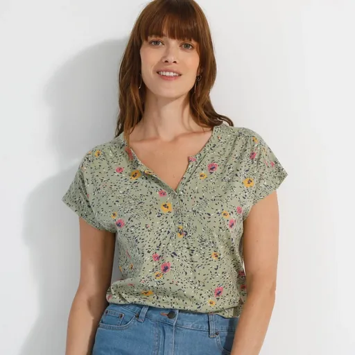 Tričko s tuniským výstrihom, krátkymi rukávmi a potlačou