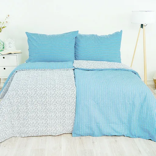 Stanex Krepové obliečky Kvietok-pruh modrá, 140 x 220 cm, 70 x 90 cm