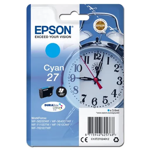 Epson originál ink C13T27024012, 27, cyan, 3,6ml, Epson WF-3620, 3640, 7110, 7610, 7620, azurová