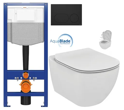CERSANIT predstenový inštalačný systém s čiernym tlačidlom K97-0637 + WC Ideal Standard Tesi so sedadlom SoftClose, AquaBlade K97-526 0637 TE1