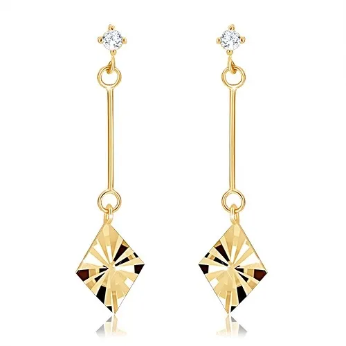 Zlaté náušnice 9K kosoštvorec s lúčovitými ryhami a zirkónom