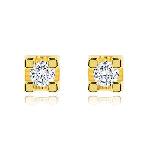 Náušnice v žltom 14K zlate - okrúhly číry zirkón v hranatom kotlíku, 2 mm