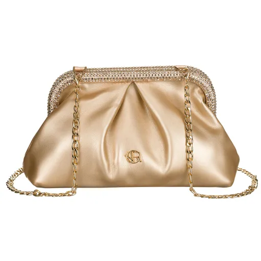 Zlatá spoločenská listová kabelka z ekologickej kože s retiazkou – Rovicky