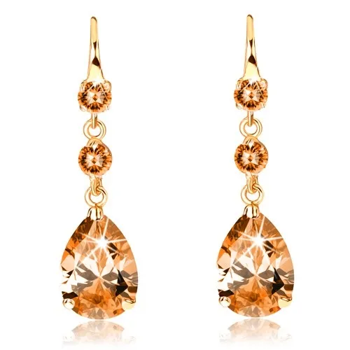 Náušnice v 14K zlate - dva okrúhle zirkóny a brúsená kvapka oranžovej farby