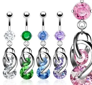 Piercing do pupku - dve podkovičky spojené zirkónmi - Farba zirkónu: Zelená - GR