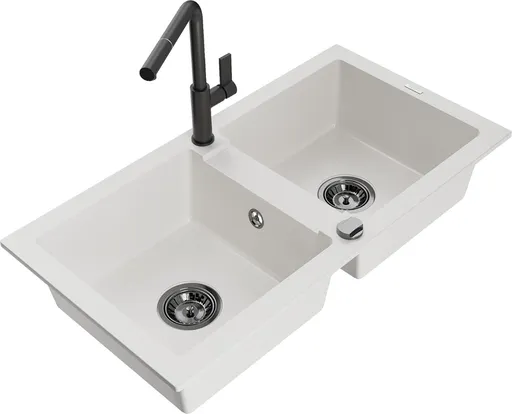 MEXEN/S MEXEN/S - Mario granitový drez 2-bowl vrátane batérie Flora, biela 6504-20-670401-70-B