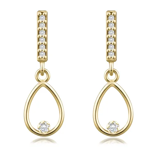 Náušnice v žltom 9K zlate - úzky pásik, kontúra slzy, číre zirkóny, puzetky