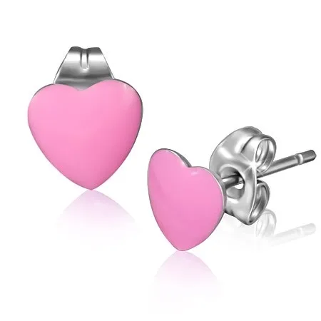 Náušnice z ocele, ružové glazúrované srdcia