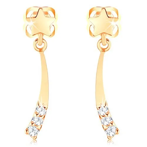 Zlaté náušnice 585 - lesklá kométa zdobená čírymi diamantmi