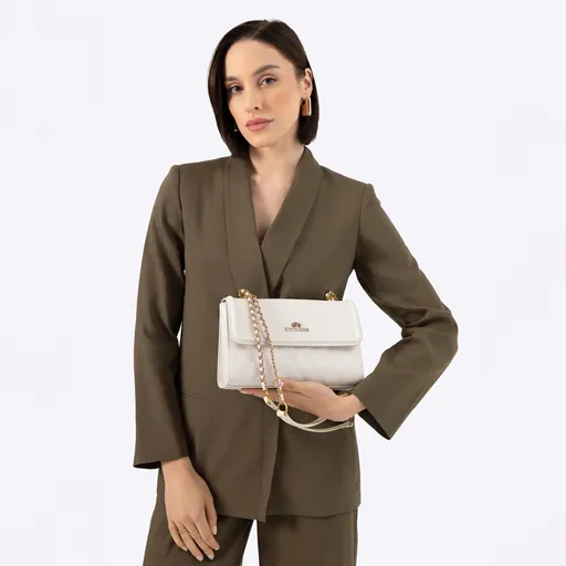 Dámska kabelka cez rameno z pravej kože s prešívaním krémová a zlatá 100-4E-205-0G