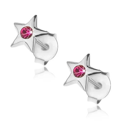 Strieborné 925 náušnice, lesklá hviezdička s fuksiovým krištálikom