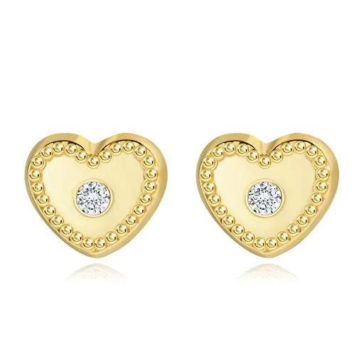 Zlaté náušnice 14K srdce so zirkónom a vrúbkovaným lemom