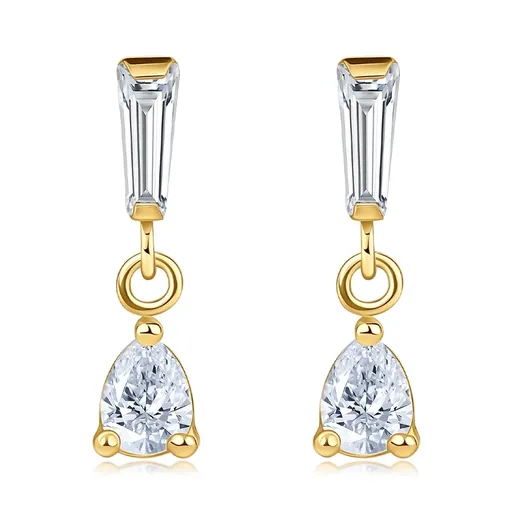 Zlaté 585 náušnice zo žltého zlata - kvapka a podlhovastý číry zirkón