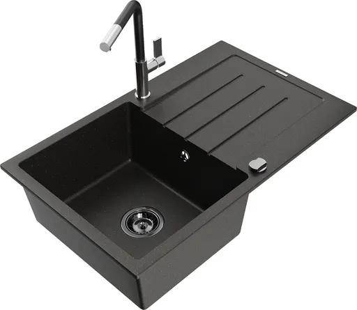 MEXEN/S MEXEN/S - Bruno granitový drez 1 s odkvapkávačom vrátane batérie Flora, čierna/zlatá metalik 6513-75-670401-07-B