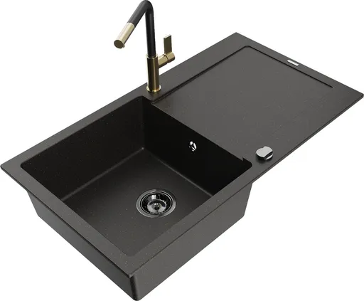 MEXEN/S MEXEN/S - Leo granitový drez 1 s odkvapkávačom vrátane batérie Flora, čierna/zlatá metalik 6501-75-670401-57-B