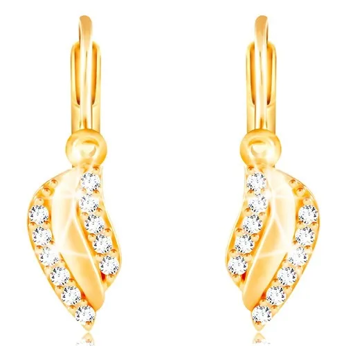 Zlaté náušnice 585 - lesklý zvlnený list s líniami čírych zirkónikov