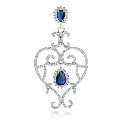 Strieborný prívesok 925, kontúra srdca, špirálovité línie, číre a modré zirkóny